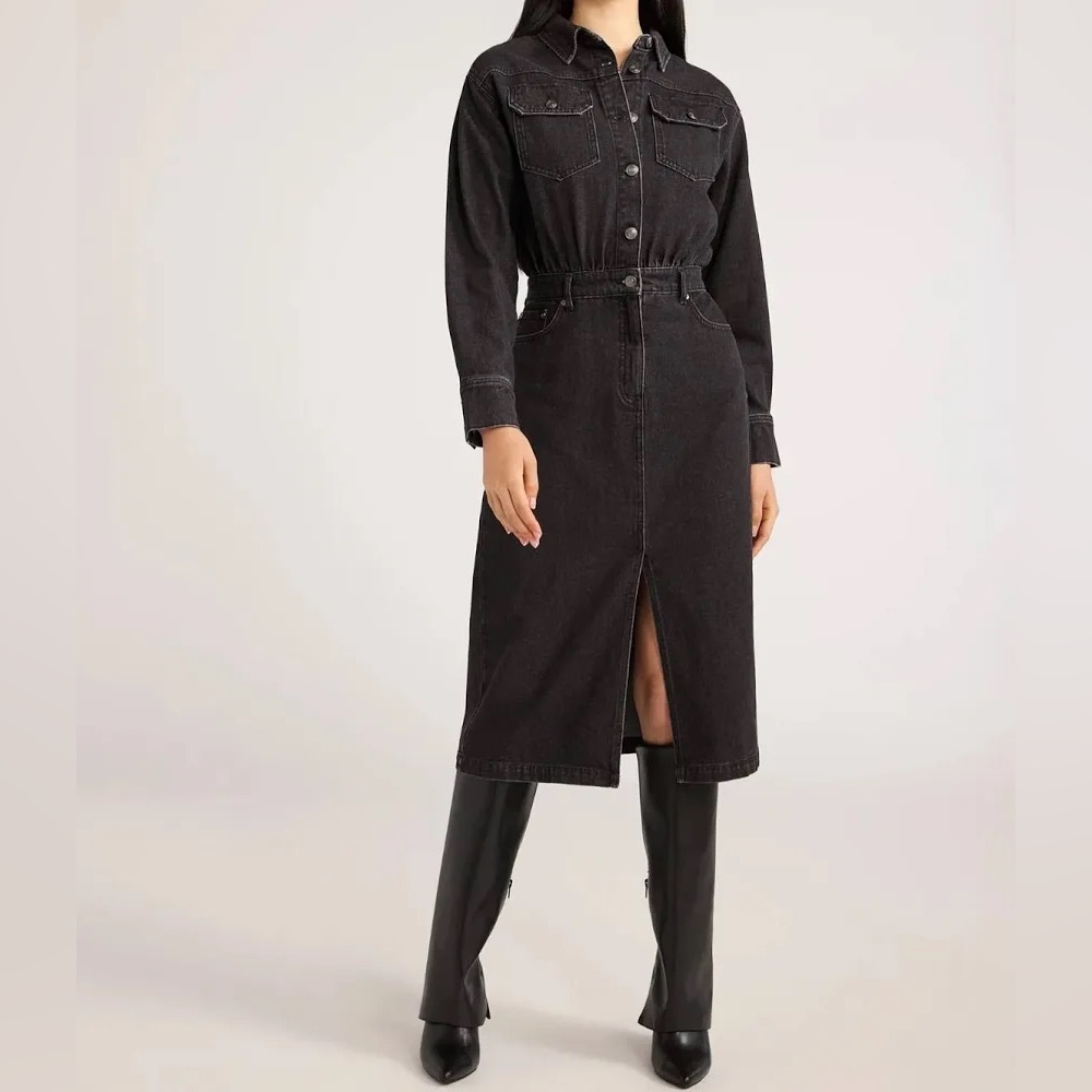 NWOT Scoop Womens Midi Denim Shirt Dress Black Size Small (4/6) Black Gray Jeans